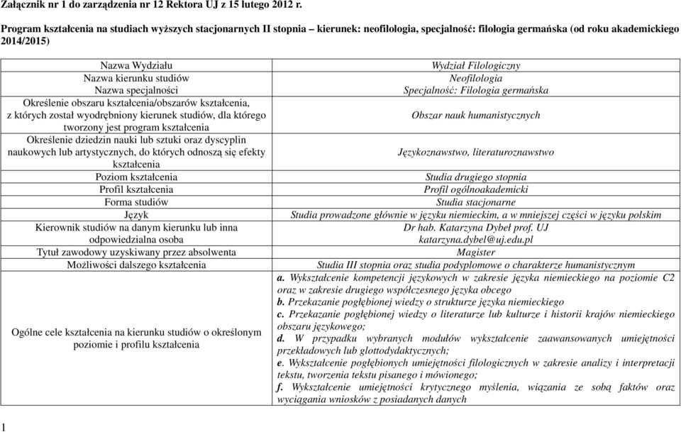 Nazwa specjalności Określenie obszaru kształcenia/obszarów kształcenia, z których został wyodrębniony kierunek studiów, dla którego tworzony jest program kształcenia Określenie dziedzin nauki lub