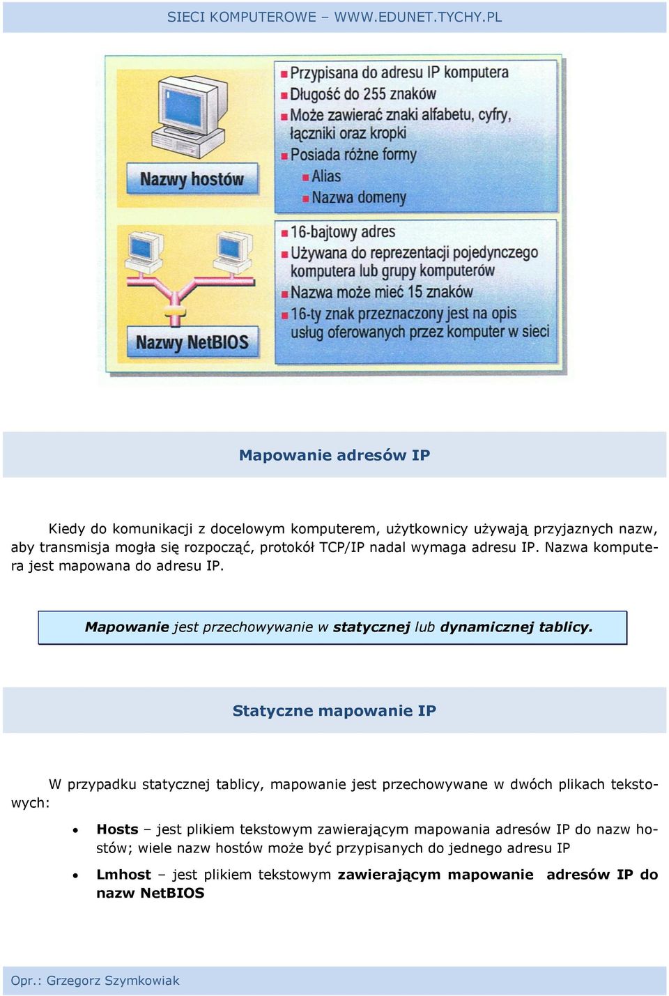 Statyczne mapowanie IP W przypadku statycznej tablicy, mapowanie jest przechowywane w dwóch plikach tekstowych: Hosts jest plikiem tekstowym zawierającym