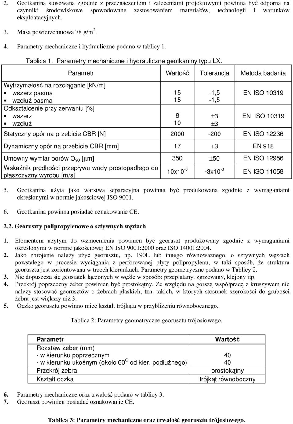 Wytrzymałość na rozciąganie [kn/m] wszerz pasma wzdłuŝ pasma Odkształcenie przy zerwaniu [%] wszerz wzdłuŝ Parametr Wartość Tolerancja Metoda badania 15 15 8 10-1,5-1,5 ±3 ±3 EN ISO 10319 EN ISO