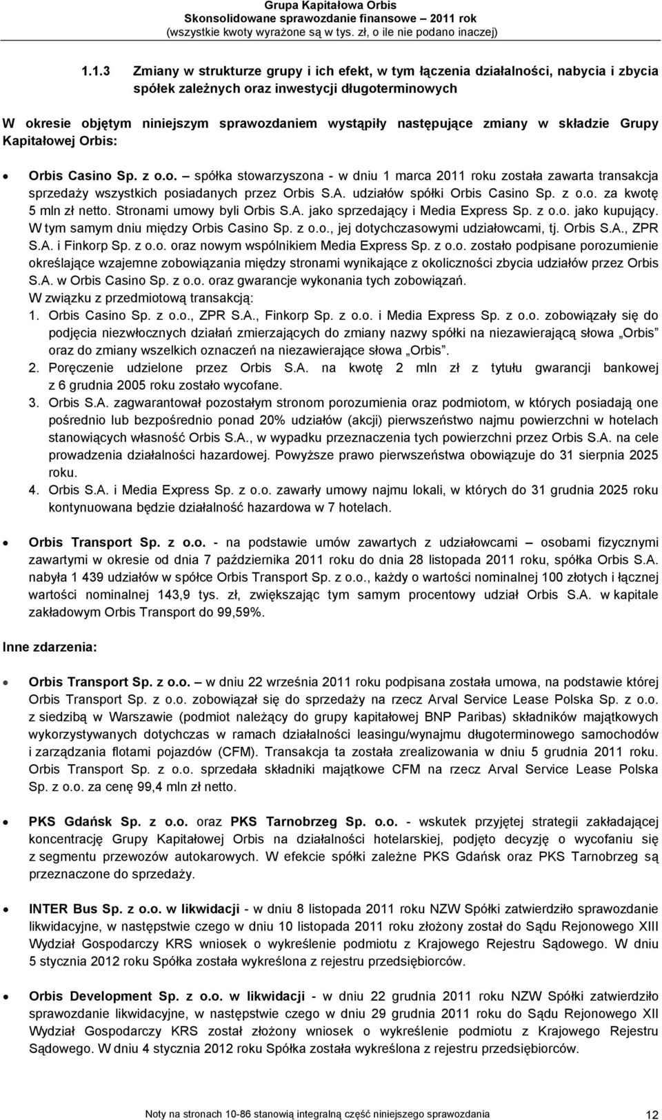 A. udziałów spółki Orbis Casino Sp. z o.o. za kwotę 5 mln zł netto. Stronami umowy byli Orbis S.A. jako sprzedający i Media Express Sp. z o.o. jako kupujący. W tym samym dniu między Orbis Casino Sp.