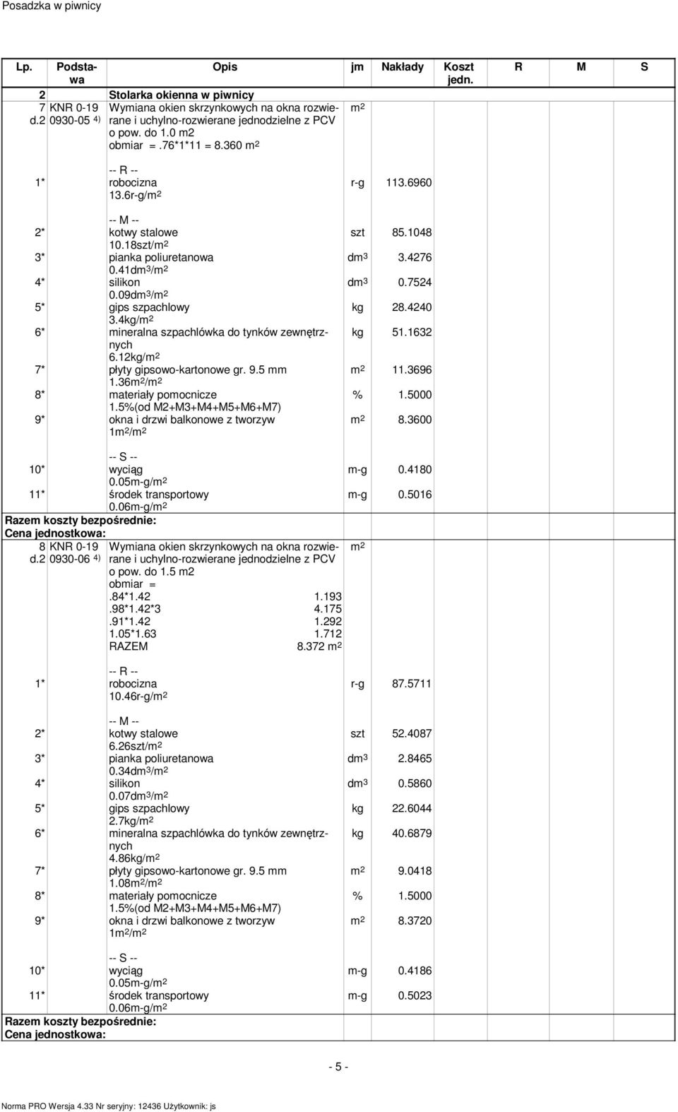12kg/ 7* płyty gipsowo-kartonowe gr. 9.5 mm 11.3696 1.36 / 8* materiały pomocnicze 1.5%(od M2+M3+M4+M5+M6+M7) 9* okna i drzwi balkonowe z tworzyw 1 / 8.3600 m-g 0.4180 m-g 0.