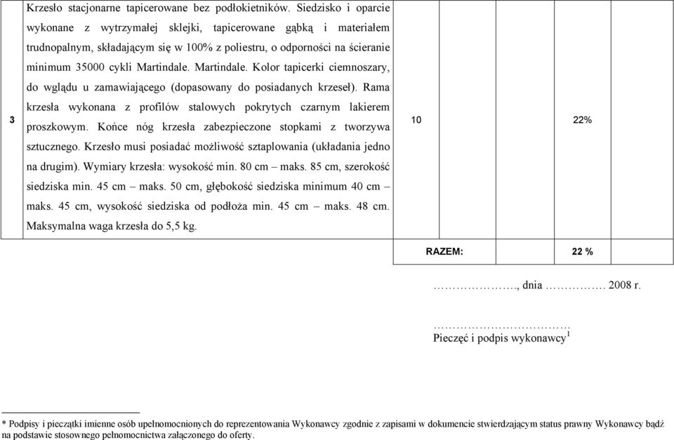 Martindale. Kolor tapicerki ciemnoszary, do wglądu u zamawiającego (dopasowany do posiadanych krzeseł). Rama krzesła wykonana z profilów stalowych pokrytych czarnym lakierem proszkowym.