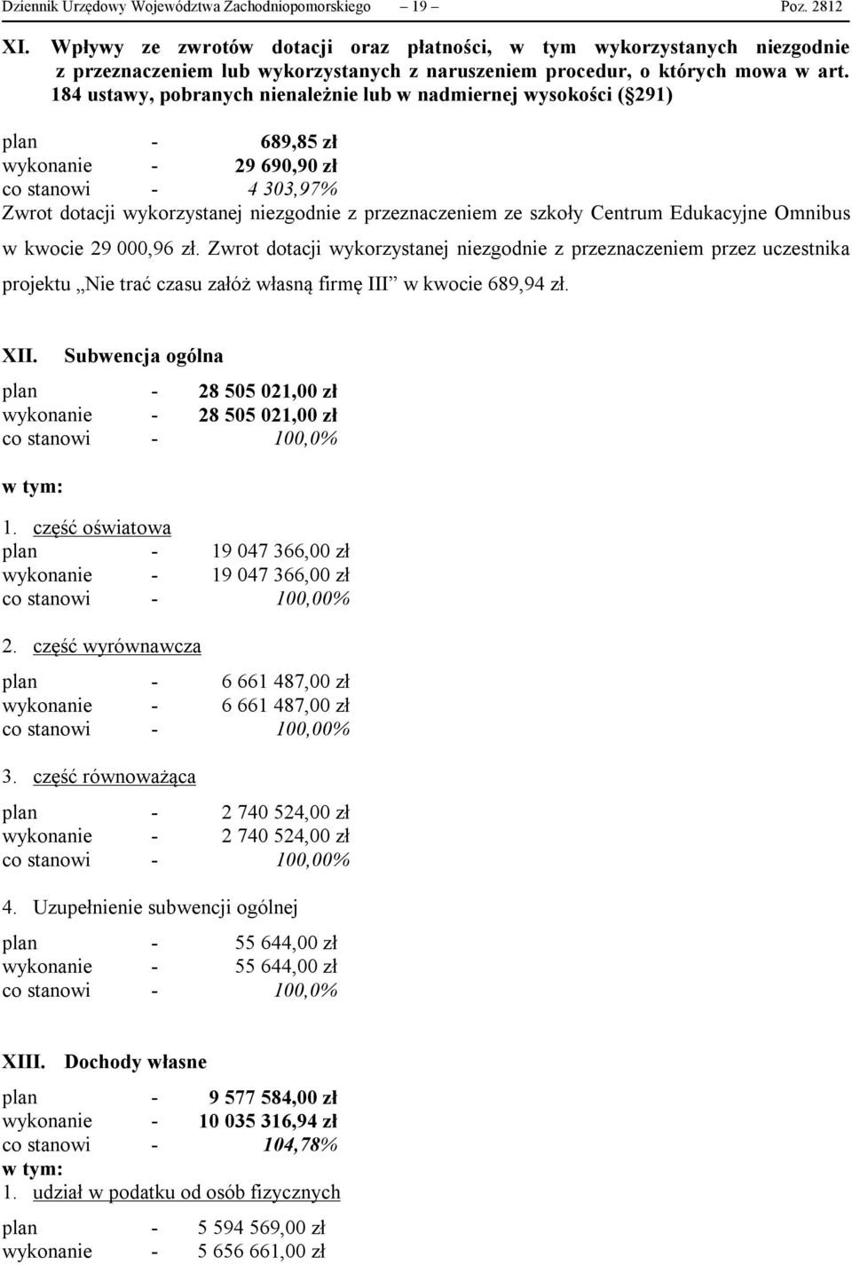 184 ustawy, pobranych nienależnie lub w nadmiernej wysokości ( 291) plan - 689,85 zł wykonanie - 29 690,90 zł co stanowi - 4 303,97% Zwrot dotacji wykorzystanej niezgodnie z przeznaczeniem ze szkoły