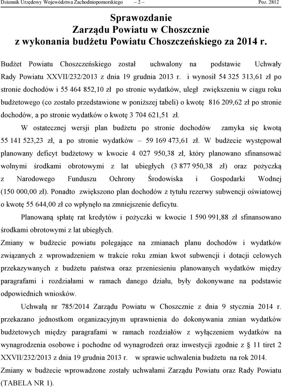 i wynosił 54 325 313,61 zł po stronie dochodów i 55 464 852,10 zł po stronie wydatków, uległ zwiększeniu w ciągu roku budżetowego (co zostało przedstawione w poniższej tabeli) o kwotę 816 209,62 zł