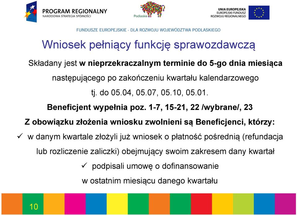 1-7, 15-21, 22 /wybrane/, 23 Z obowiązku złożenia wniosku zwolnieni są Beneficjenci, którzy: w danym kwartale złożyli już wniosek