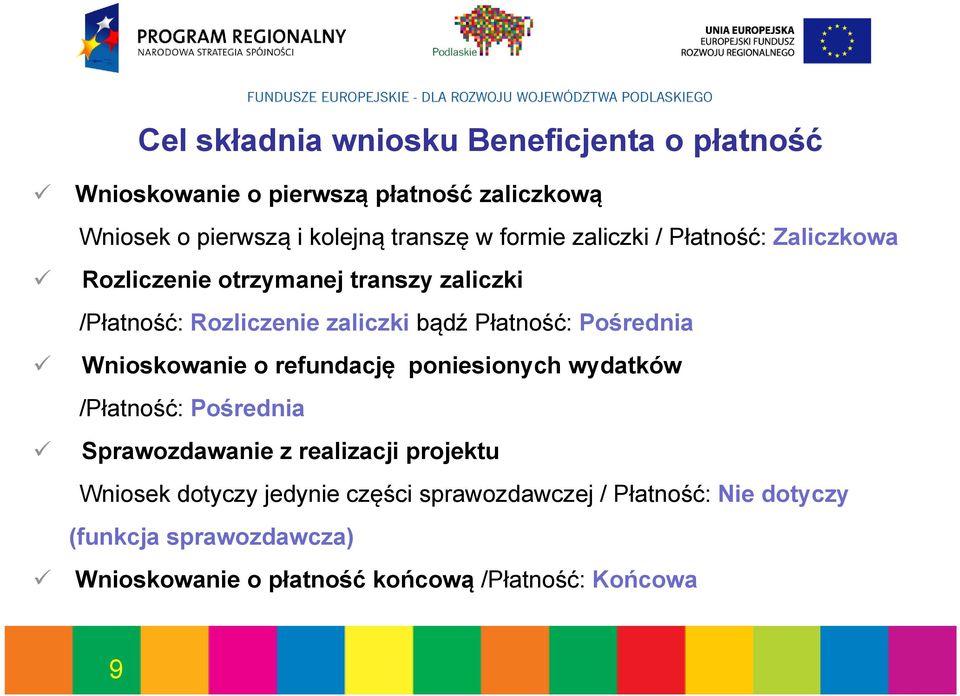 Pośrednia Wnioskowanie o refundację poniesionych wydatków /Płatność: Pośrednia Sprawozdawanie z realizacji projektu Wniosek