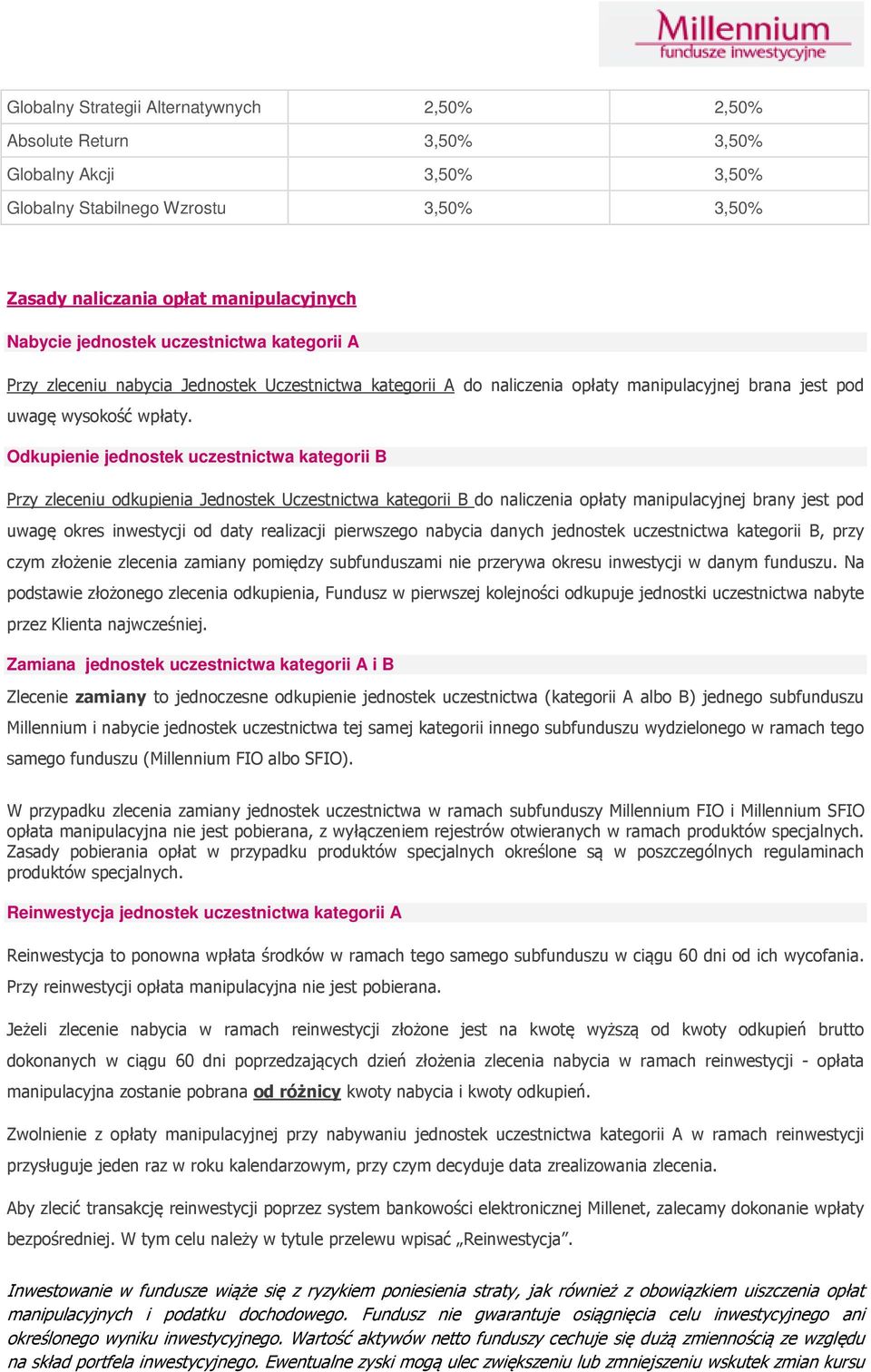 Odkupienie jednostek uczestnictwa kategorii B Przy zleceniu odkupienia Jednostek Uczestnictwa kategorii B do naliczenia opłaty manipulacyjnej brany jest pod uwagę okres inwestycji od daty realizacji