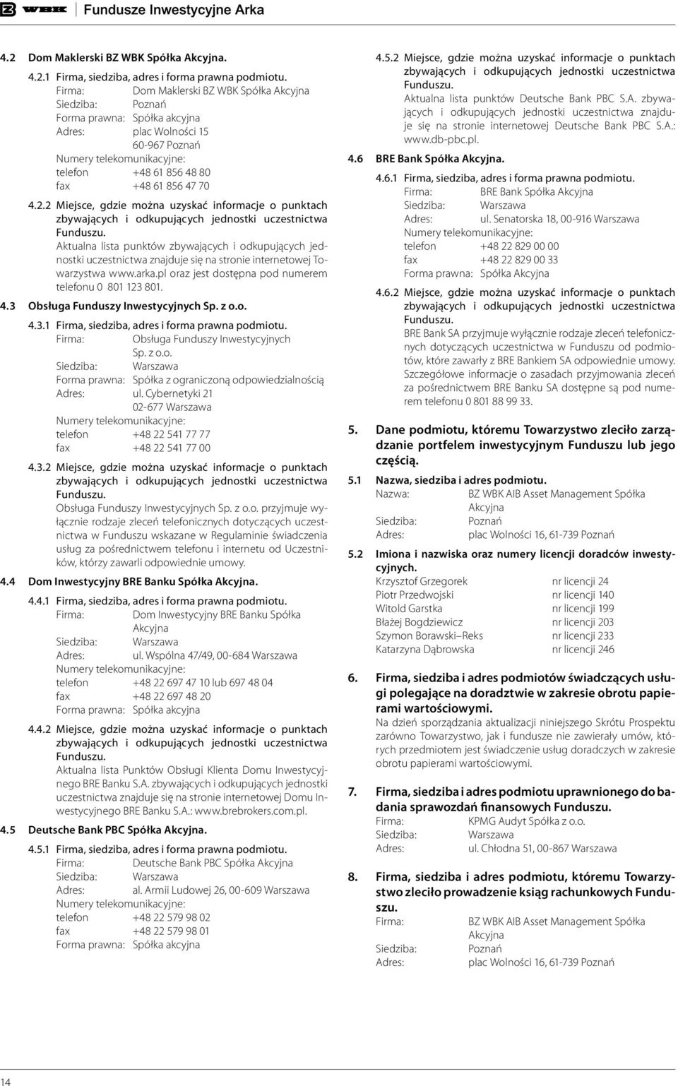 4.2.2 Miejsce, gdzie można uzyskać informacje o punktach zbywających i odkupujących jednostki uczestnictwa Aktualna lista punktów zbywających i odkupujących jednostki uczestnictwa znajduje się na