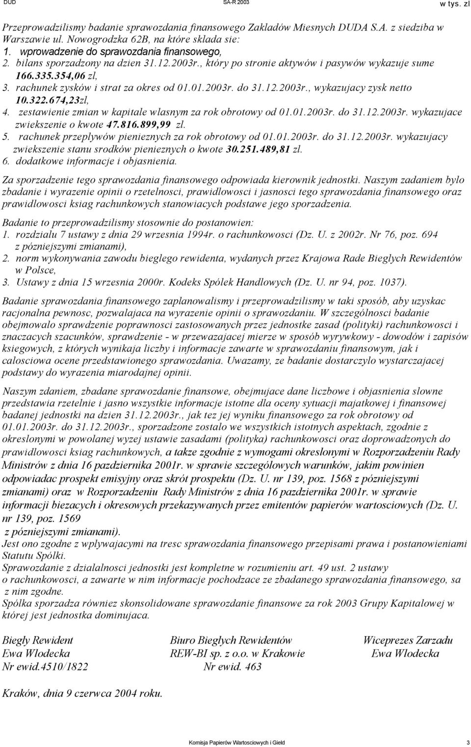 322.674,23zl, 4. zestawienie zmian w kapitale wlasnym za rok obrotowy od 01.01.2003r. do 31.12.2003r. wykazujace zwiekszenie o kwote 47.816.899,99 zl. 5.