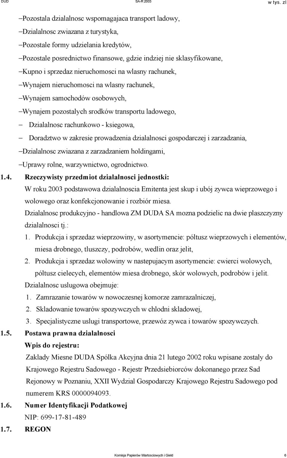 Doradztwo w zakresie prowadzenia dzialalnosci gospodarczej i zarzadzania, Dzialalnosc zwiazana z zarzadzaniem holdingami, Uprawy rolne, warzywnictwo, ogrodnictwo. 1.4.