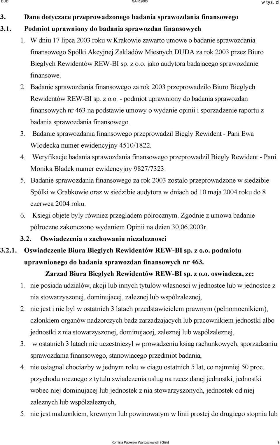 2. Badanie sprawozdania finansowego za rok 2003 przeprowadzilo Biuro Bieglych Rewidentów REW-BI sp. z o.o. - podmiot uprawniony do badania sprawozdan finansowych nr 463 na podstawie umowy o wydanie opinii i sporzadzenie raportu z badania sprawozdania finansowego.
