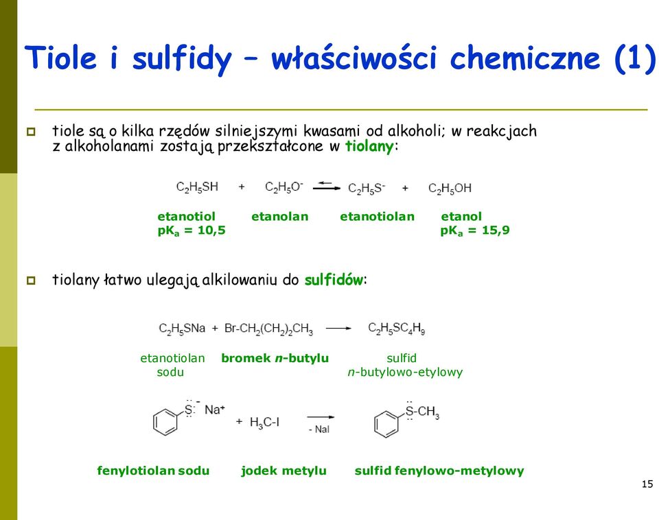 etanotiolan etanol pk a = 10,5 pk a = 15,9 tiolany łatwo ulegają alkilowaniu do sulfidów: