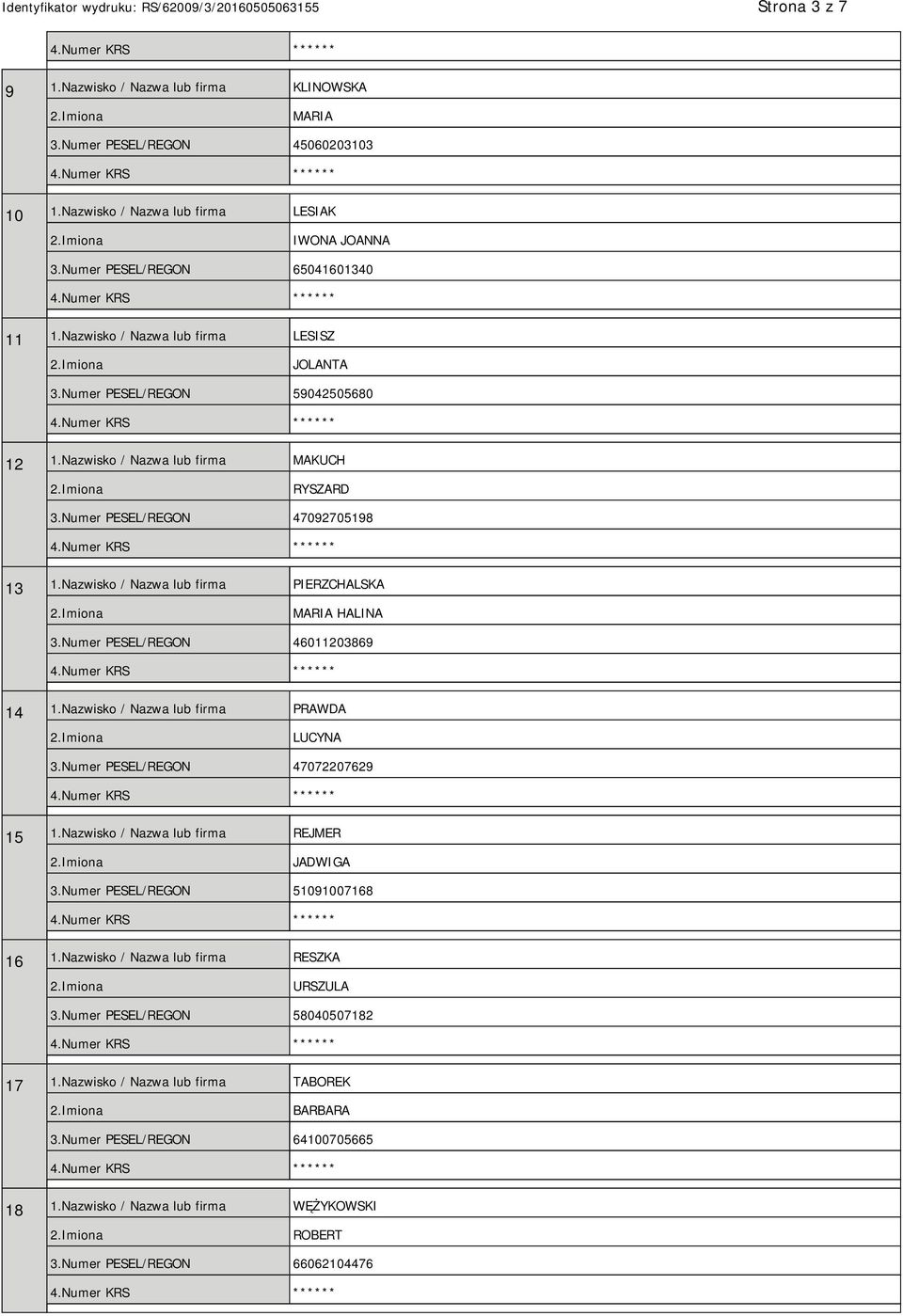 Nazwisko / Nazwa lub firma PIERZCHALSKA MARIA HALINA 3.Numer PESEL/REGON 46011203869 14 1.Nazwisko / Nazwa lub firma PRAWDA LUCYNA 3.Numer PESEL/REGON 47072207629 15 1.