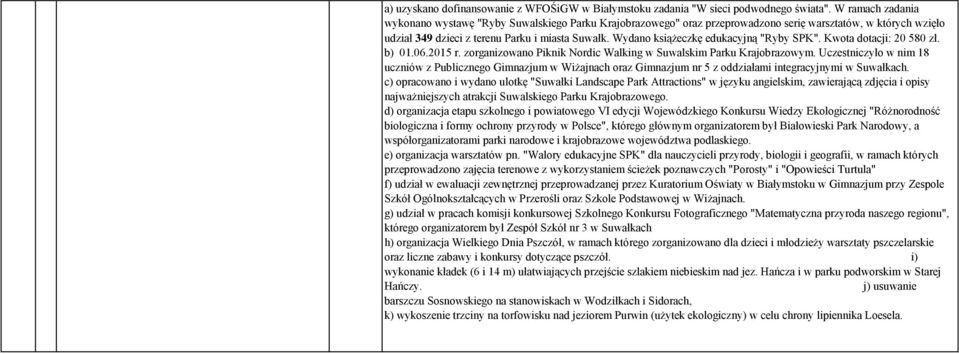 Wydano książeczkę edukacyjną "Ryby SPK". Kwota dotacji: 20 580 zł. b) 01.06.2015 r. zorganizowano Piknik Nordic Walking w Suwalskim Parku Krajobrazowym.