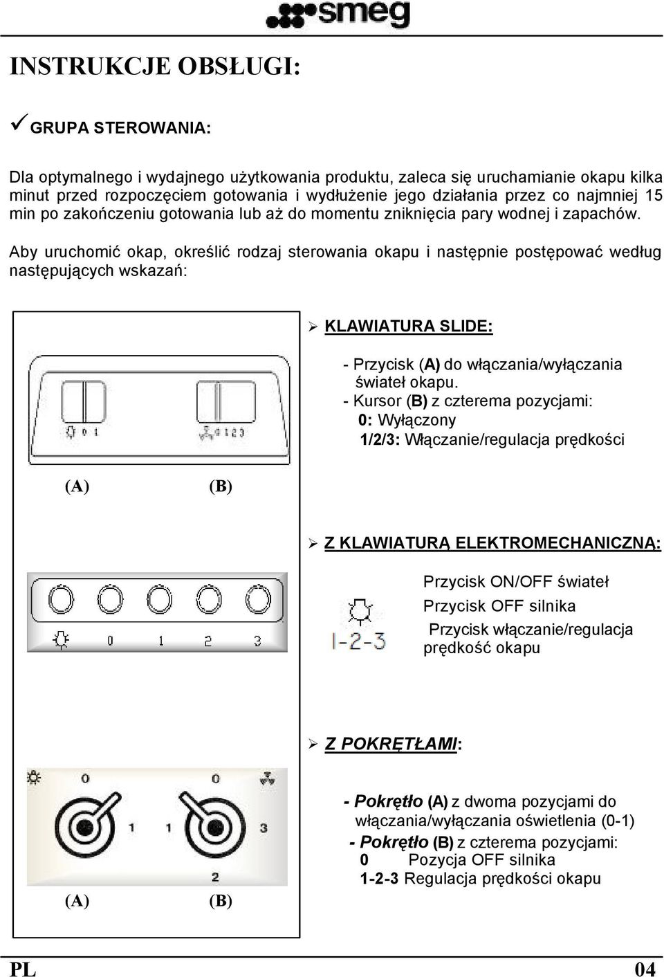 Aby uruchomić okap, określić rodzaj sterowania okapu i następnie postępować według następujących wskazań: KLAWIATURA SLIDE: - Przycisk (A) do włączania/wyłączania świateł okapu.