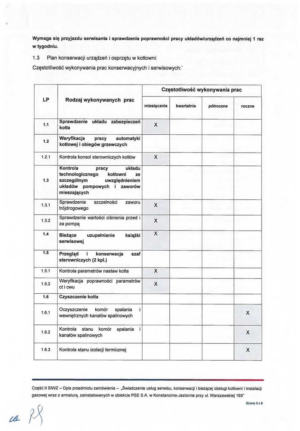 3 Plan konserwacji urządzeń i osprzętu w kotłowni: Częstotliwość wykonywania prac konserwacyjnych i serwisowych:' Częstotliwość wykonywania prac LP Rodzaj wykonywanych prac miesięcznie kwartalnie