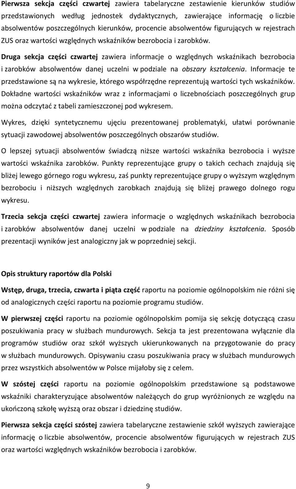 Druga sekcja części czwartej zawiera informacje o względnych wskaźnikach bezrobocia i zarobków absolwentów danej uczelni w podziale na obszary kształcenia.