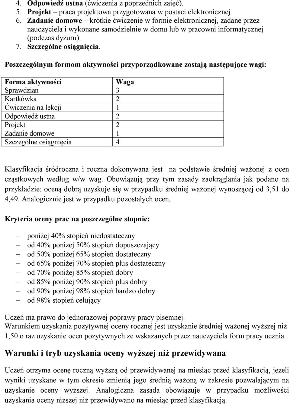 Poszczególnym formom aktywności przyporządkowane zostają następujące wagi: Forma aktywności Waga Sprawdzian 3 Kartkówka 2 Ćwiczenia na lekcji 1 Odpowiedź ustna 2 Projekt 2 Zadanie domowe 1 Szczególne