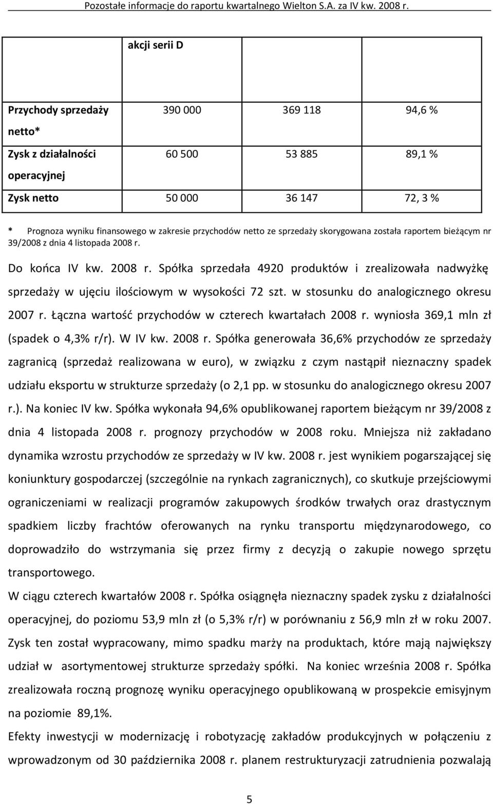w stosunku do analogicznego okresu 2007 r. Łączna wartość przychodów w czterech kwartałach 2008 r.