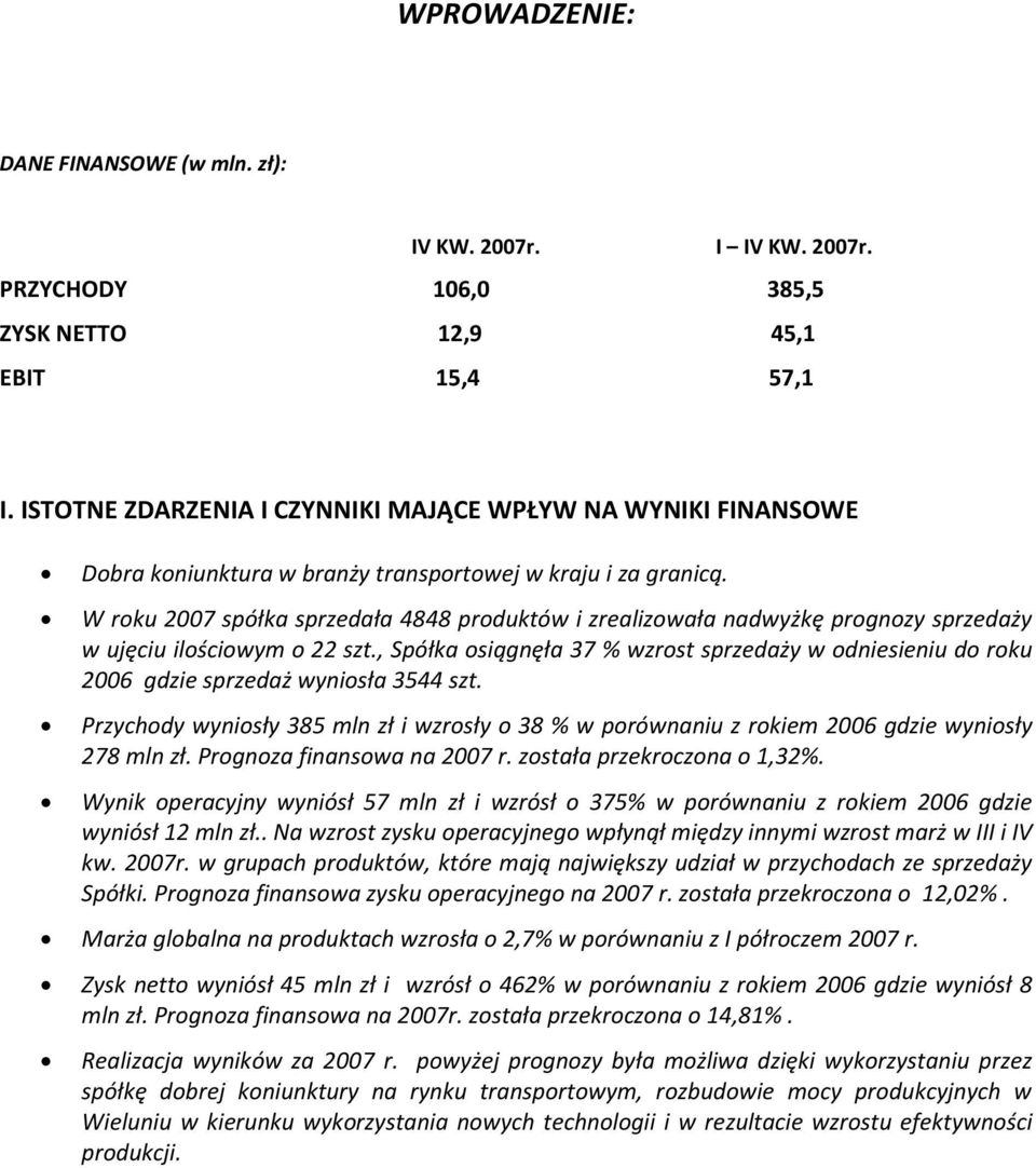 W roku 2007 spółka sprzedała 4848 produktów i zrealizowała nadwyżkę prognozy sprzedaży w ujęciu ilościowym o 22 szt.