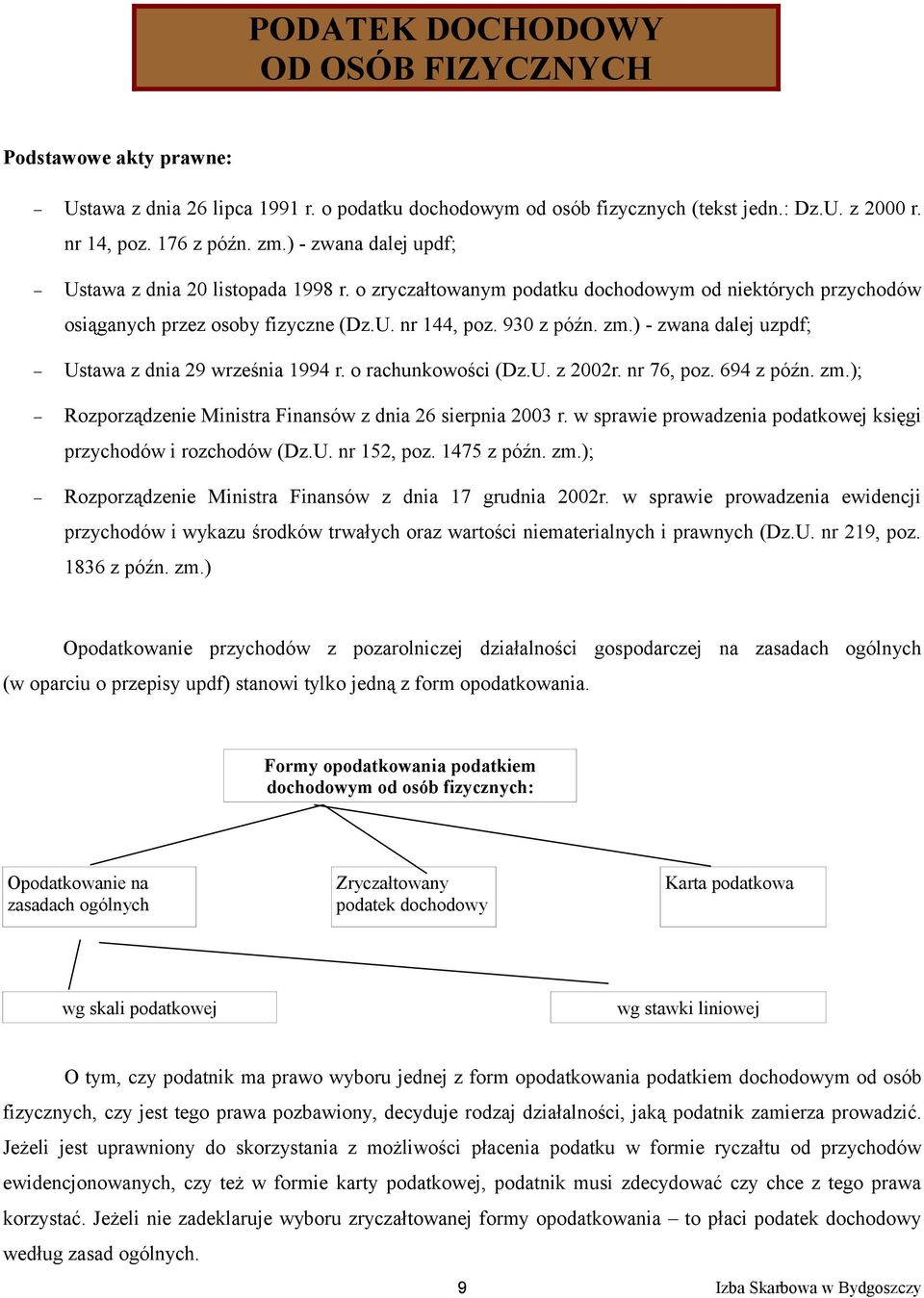 ) - zwana dalej uzpdf; Ustawa z dnia 29 września 1994 r. o rachunkowości (Dz.U. z 2002r. nr 76, poz. 694 z późn. zm.); Rozporządzenie Ministra Finansów z dnia 26 sierpnia 2003 r.