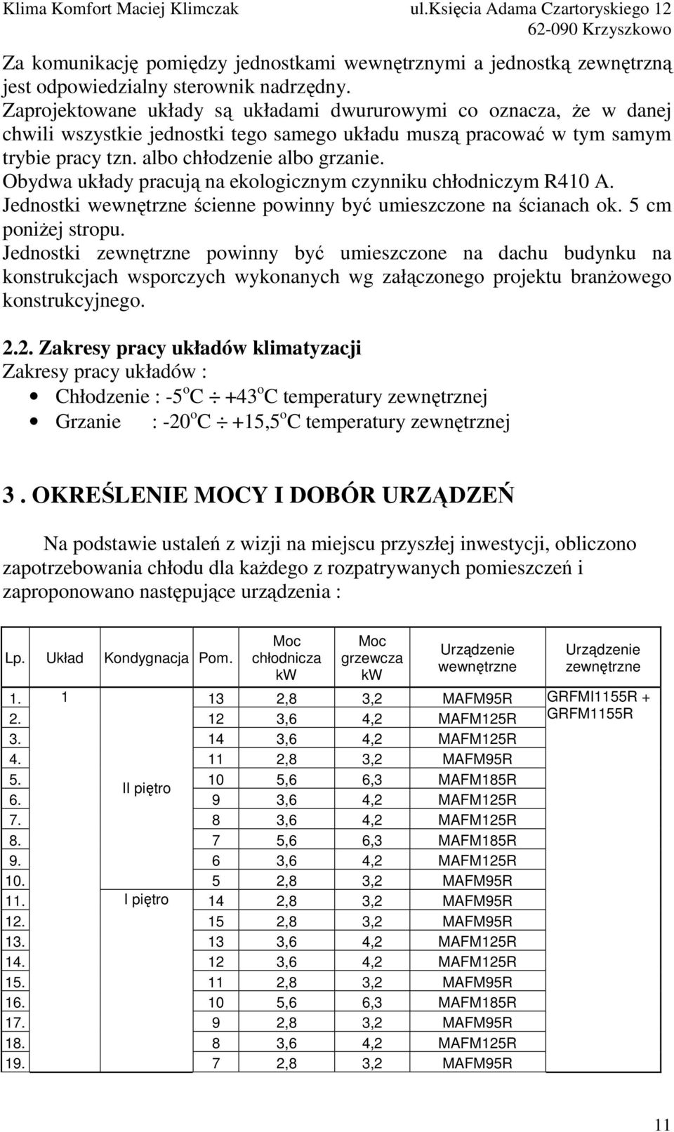 Obydwa układy pracują na ekologicznym czynniku chłodniczym R410 A. Jednostki wewnętrzne ścienne powinny być umieszczone na ścianach ok. 5 cm poniŝej stropu.