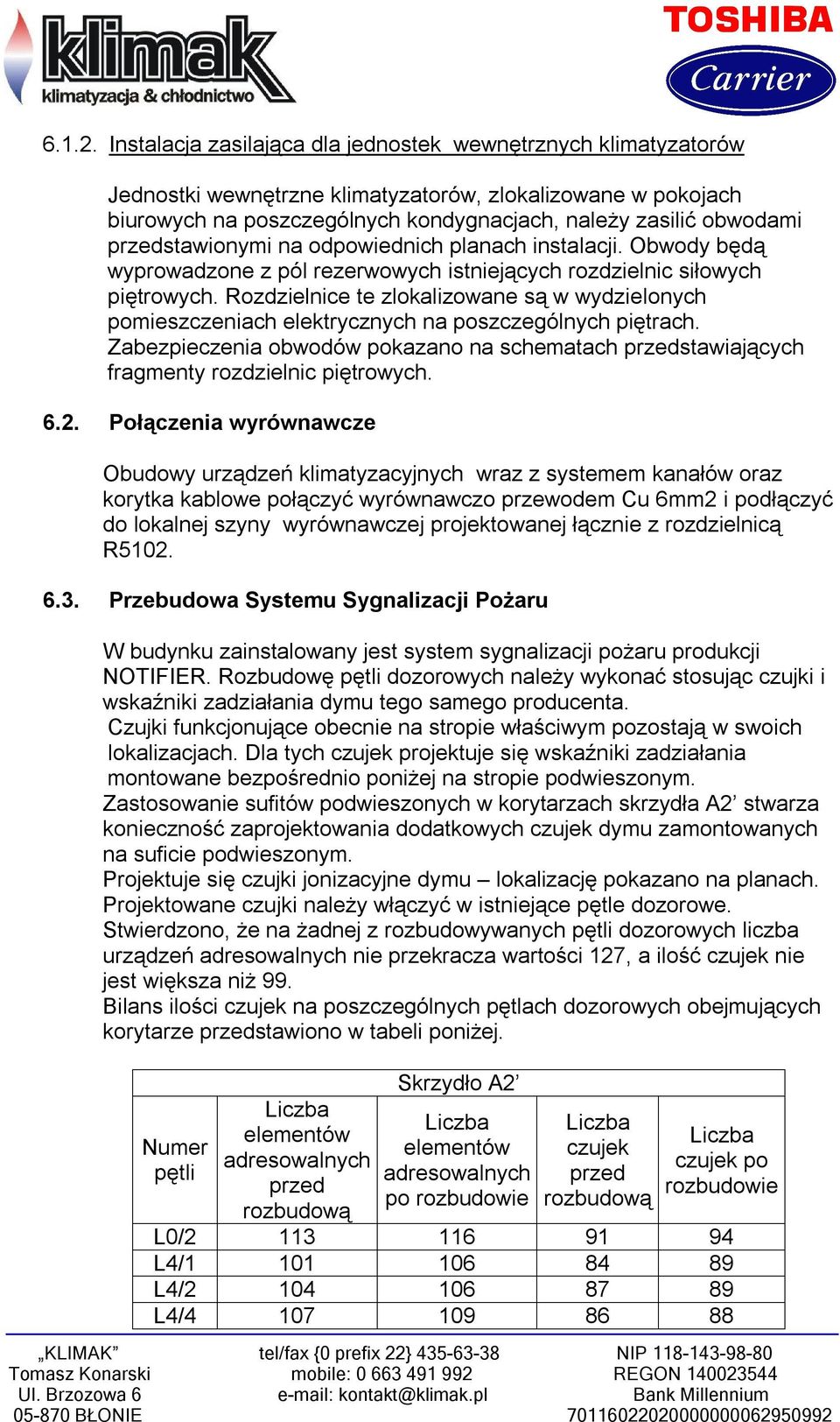 przedstawionymi na odpowiednich planach instalacji. Obwody będą wyprowadzone z pól rezerwowych istniejących rozdzielnic siłowych piętrowych.