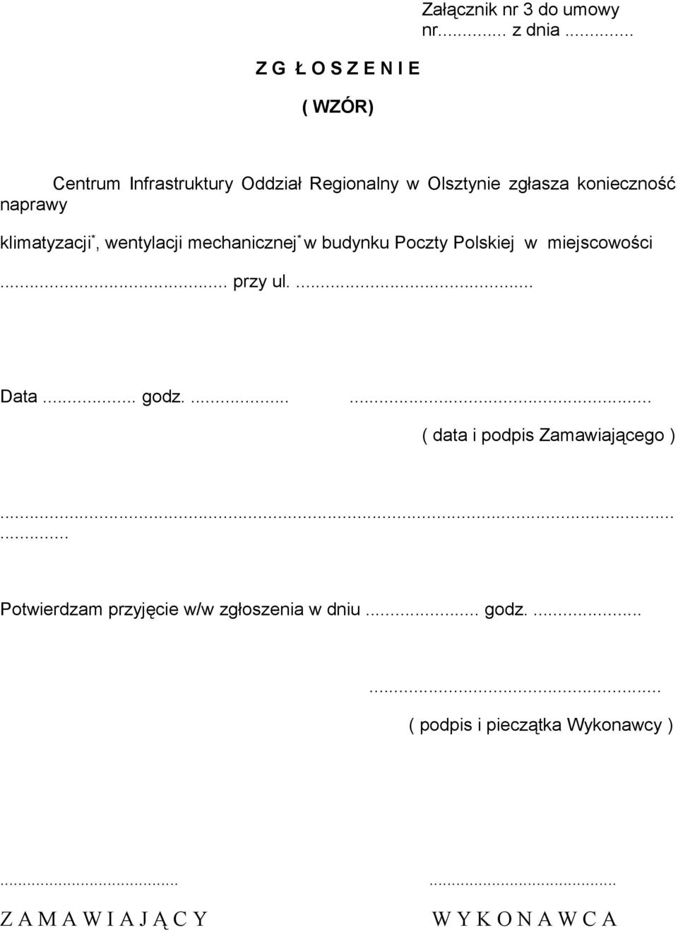 wentylacji mechanicznej * w budynku Poczty Polskiej w miejscowości... przy ul.... Data... godz.