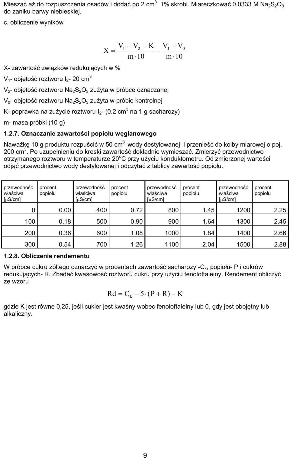 obliczenie wyników X- zawarto zwi zków redukuj cych w % V 1 - obj to roztworu I 2-20 cm 3 X V V K V V m 10 m 10 1 2 1 0 V 2 - obj to roztworu Na 2 S 2 O 3 zu yta w próbce oznaczanej V 0 - obj to
