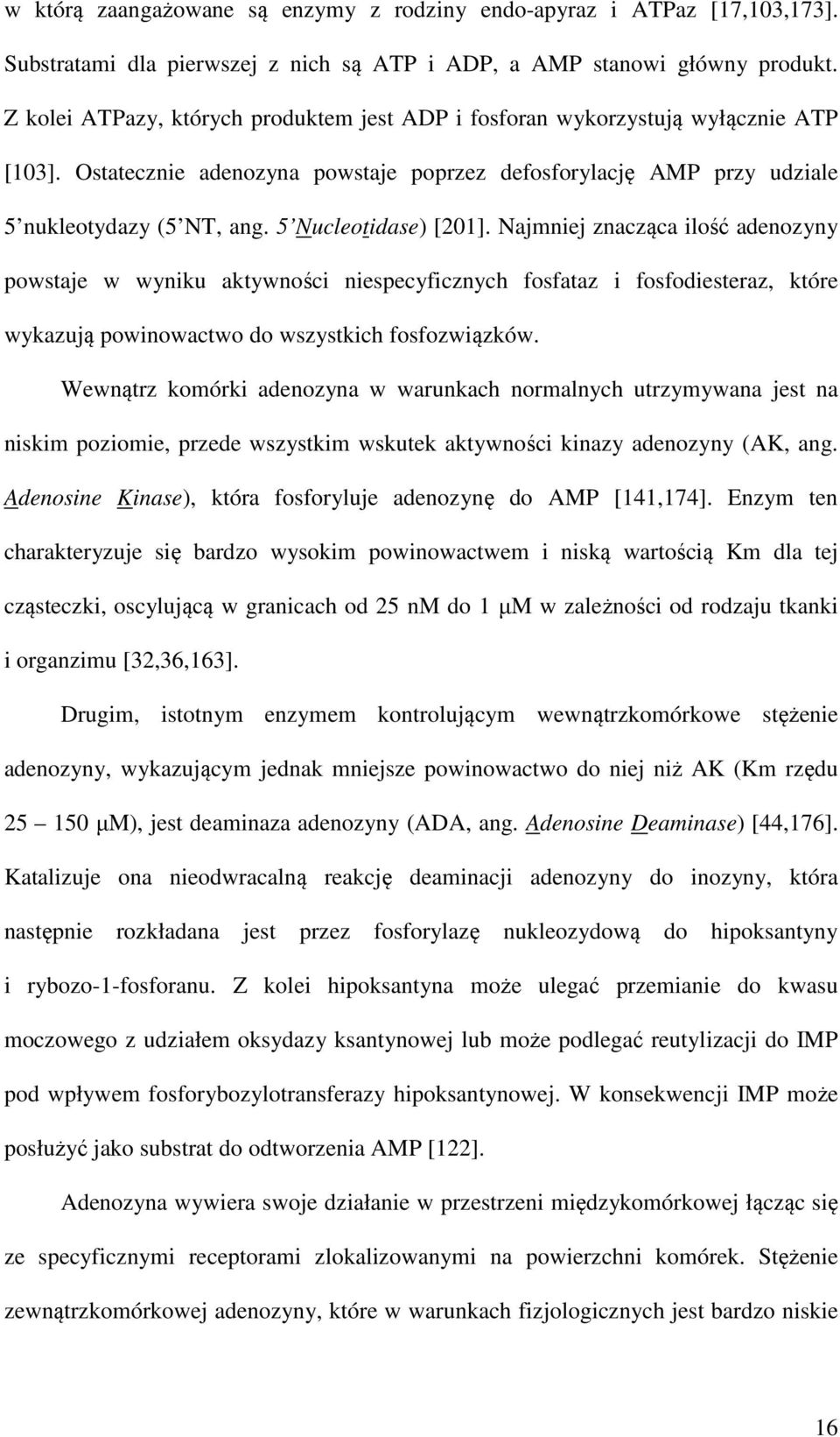 5 Nucleotidase) [201]. Najmniej znacząca ilość adenozyny powstaje w wyniku aktywności niespecyficznych fosfataz i fosfodiesteraz, które wykazują powinowactwo do wszystkich fosfozwiązków.