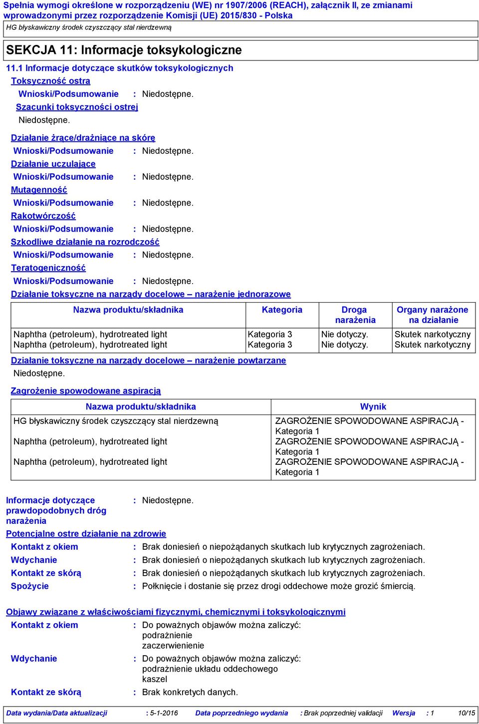 na rozrodczość Teratogeniczność Działanie toksyczne na narządy docelowe narażenie jednorazowe Nazwa produktu/składnika Działanie toksyczne na narządy docelowe narażenie powtarzane Zagrożenie