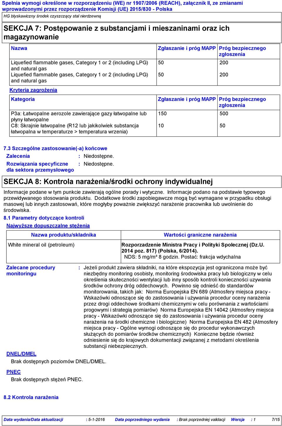 łatwopalna w temperaturze > temperatura wrzenia) Zgłaszanie i próg MAPP Próg bezpiecznego zgłoszenia 50 200 50 200 Zgłaszanie i próg MAPP Próg bezpiecznego zgłoszenia 150 500 10 50 7.