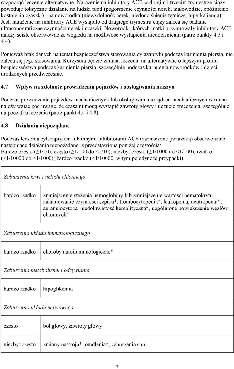 (niewydolność nerek, niedodciśnienie tętnicze, hiperkaliemia). Jeśli narażenie na inhibitory ACE wystąpiło od drugiego trymestru ciąży zaleca się badanie ultrasonograficzne czynności nerek i czaszki.