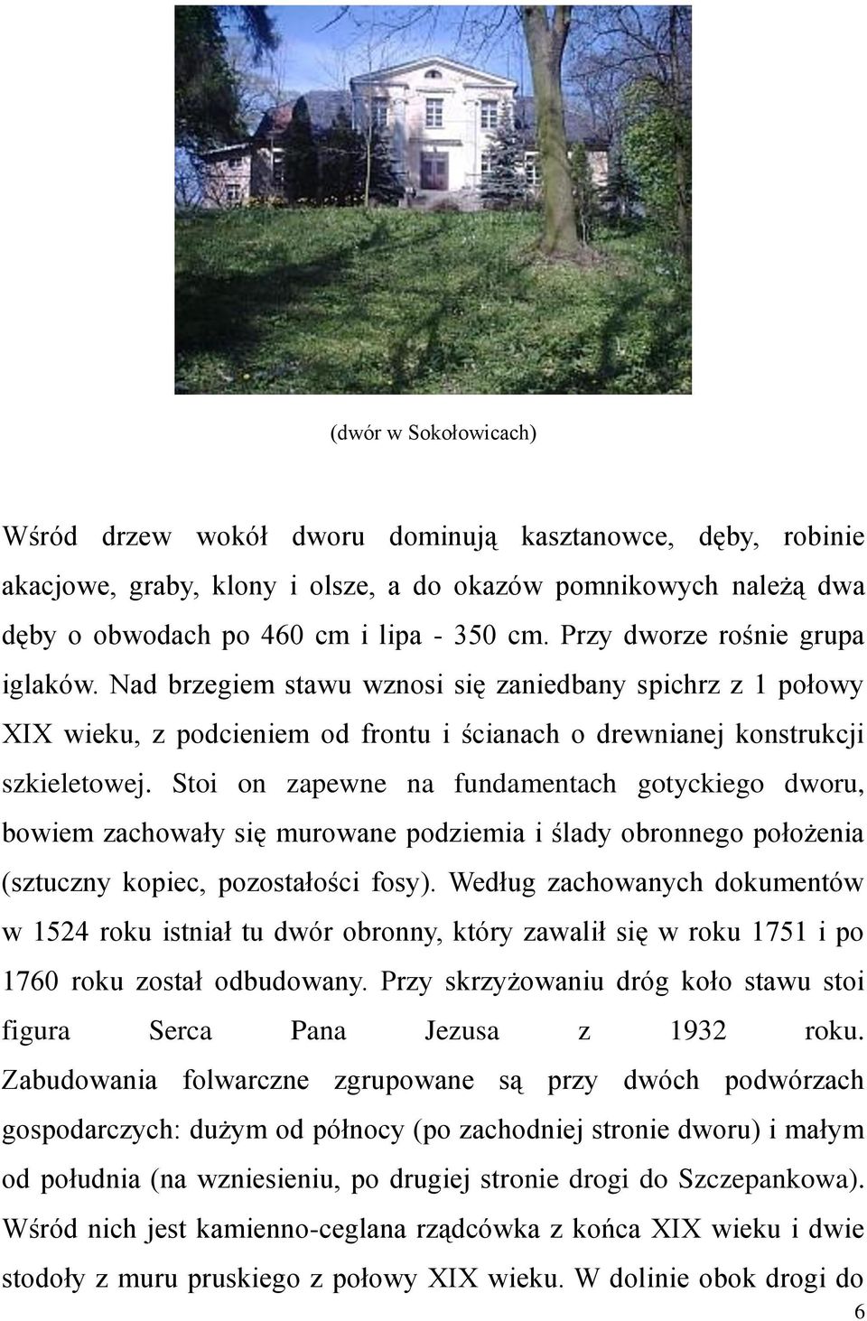 Stoi on zapewne na fundamentach gotyckiego dworu, bowiem zachowały się murowane podziemia i ślady obronnego położenia (sztuczny kopiec, pozostałości fosy).