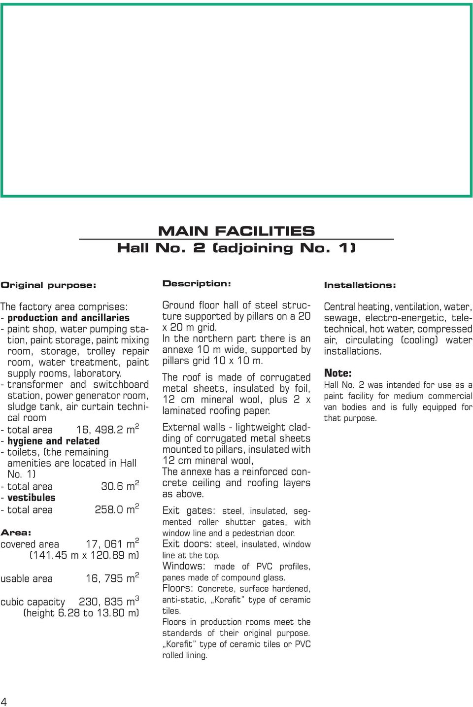 paint supply rooms, laboratory. - transformer and switchboard station, power generator room, sludge tank, air curtain technical room - total area 16, 498.