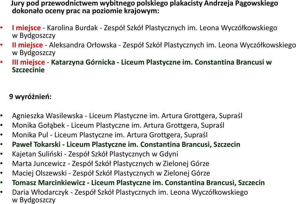 Constantina Brancusi w Szczecinie 9 wyróżnień: Agnieszka Wasilewska - Liceum Plastyczne im. Artura Grottgera, Supraśl Monika Gołąbek - Liceum Plastyczne im.