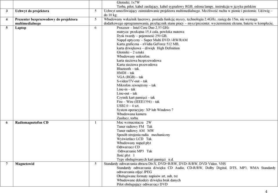 4GHz, zasięg do 15m, nie wymaga dodatkowego oprogramowania, przełącznik stanu pracy mysz/prezenter, wyciemnienie ekranu, baterie w komplecie, 5 Laptop 6 Procesor Intel Core Duo 2,53 GHz matryca: