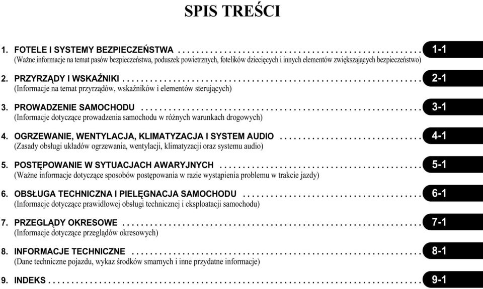 ............................................................. 3-1 (Informacje dotyczące prowadzenia samochodu w różnych warunkach drogowych) 4. OGRZEWANIE, WENTYLACJA, KLIMATYZACJA I SYSTEM AUDIO.