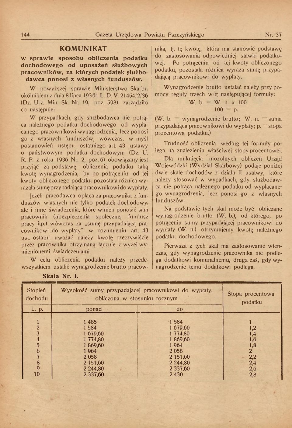 598) zarządziło co następuje: W przypadkach, gdy służbodawca nie potrąca należnego dochodowego od wypłacanego pracownikowi wynagrodzenia, lecz ponosi go z własnych funduszów, wówczas, w myśl