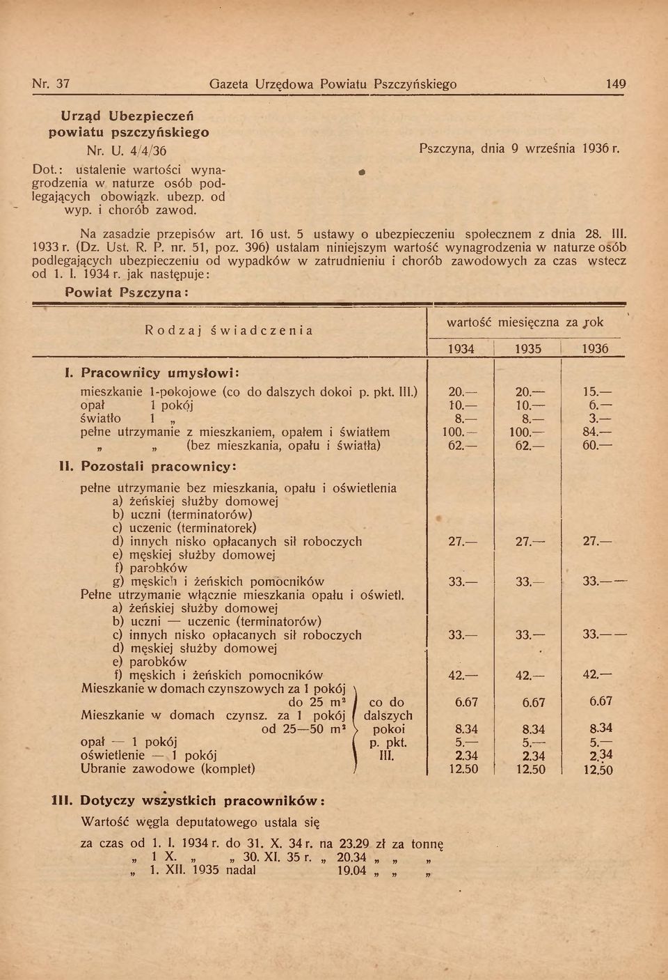 1933 r. (Dz. Ust. R. P. nr. 51, poz. 396) ustalam niniejszym wartość wynagrodzenia w naturze osób podlegających ubezpieczeniu od wypadków w zatrudnieniu i chorób zawodowych za czas wstecz od 1. I.