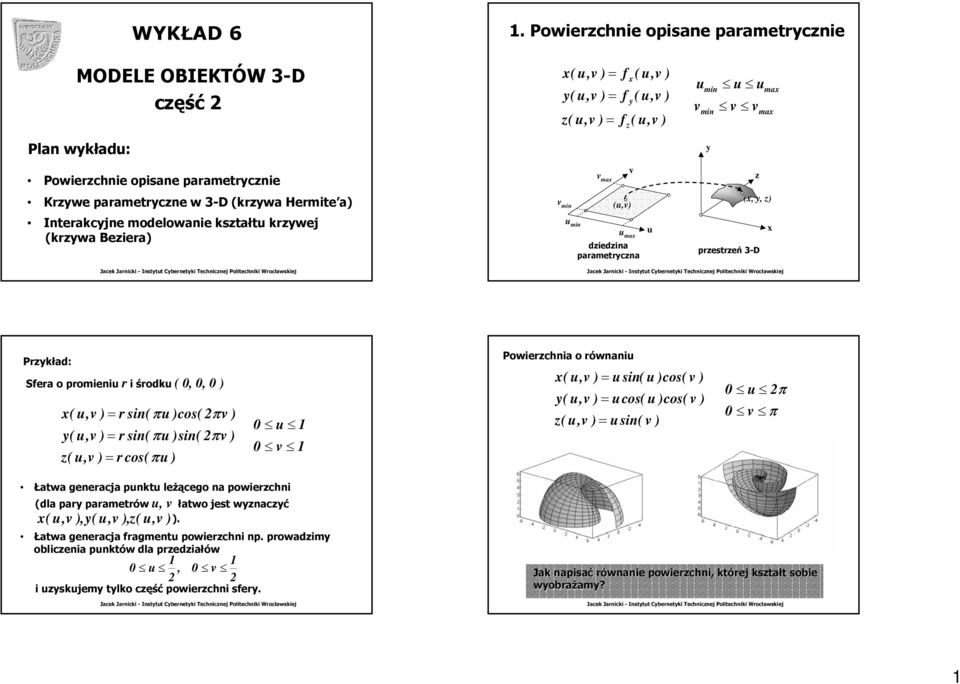 v in (,v (,, Interakcjne odelowanie kstałt krwej (krwa eiera in a diedina paraetrcna prestreń -D rkład: Sfera o proieni r i środk (,v (,v (,v i środk (,, r sin( π cos( π v r sin( π