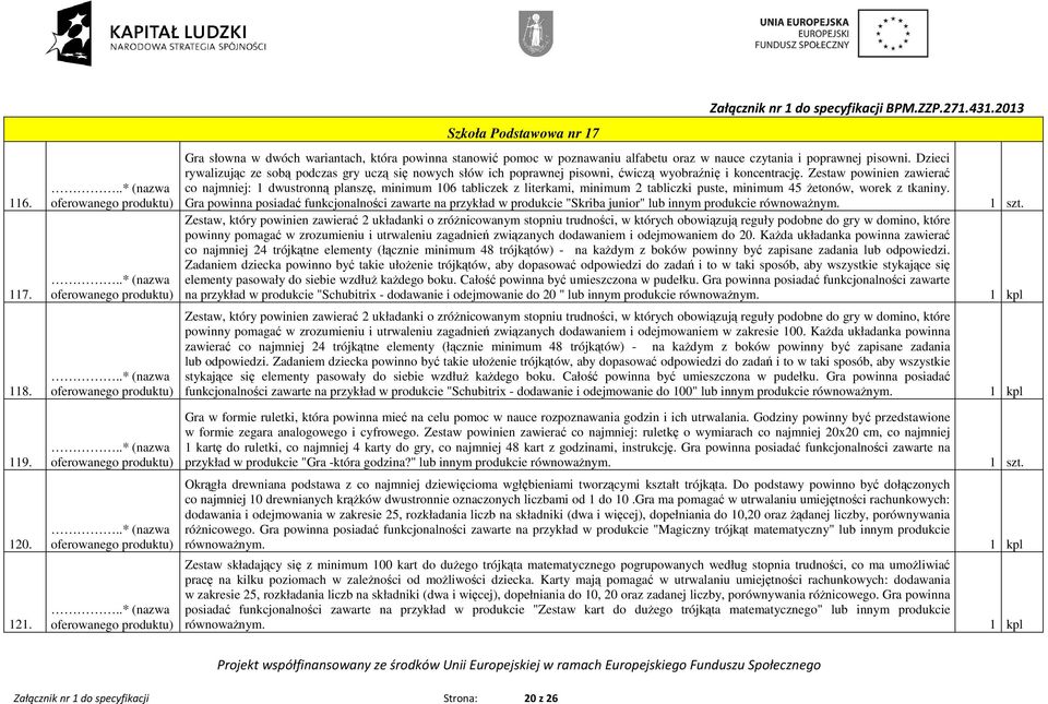 Zestaw powinien zawierać co najmniej: 1 dwustronną planszę, minimum 106 tabliczek z literkami, minimum 2 tabliczki puste, minimum 45 Ŝetonów, worek z tkaniny.