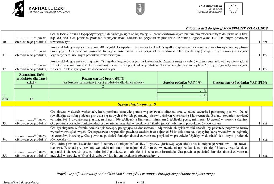Gra powinna posiadać funkcjonalności zawarte na przykład w produkcie "Piramida logopedyczna L2" lub innym produkcie Pomoc składająca się z co najmniej 48 zagadek logopedycznych na kartonikach.