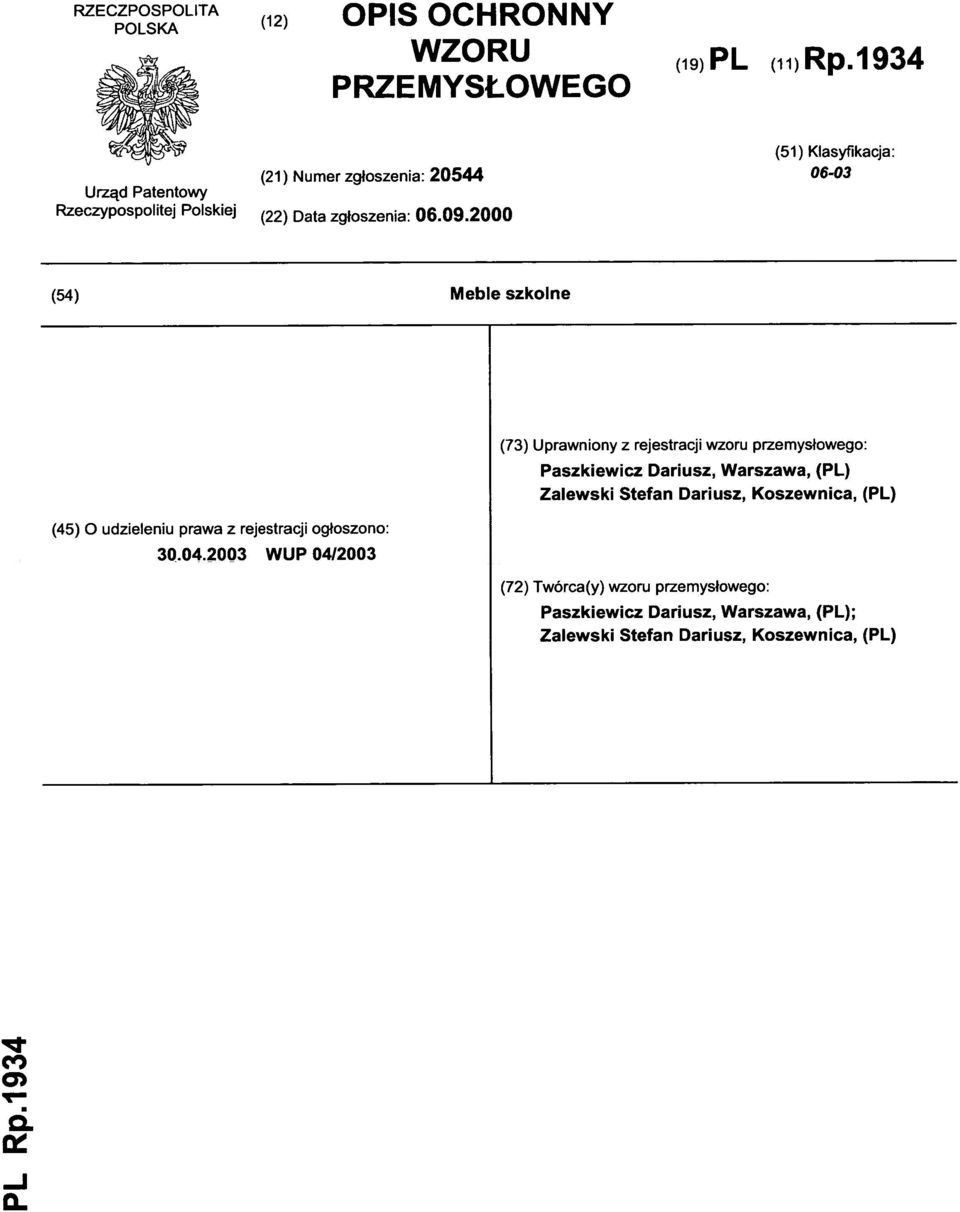 200 0 (54) Mebl e szkolne (45) O udzieleni u praw a z rejestracj i ogłoszono : 30.04.