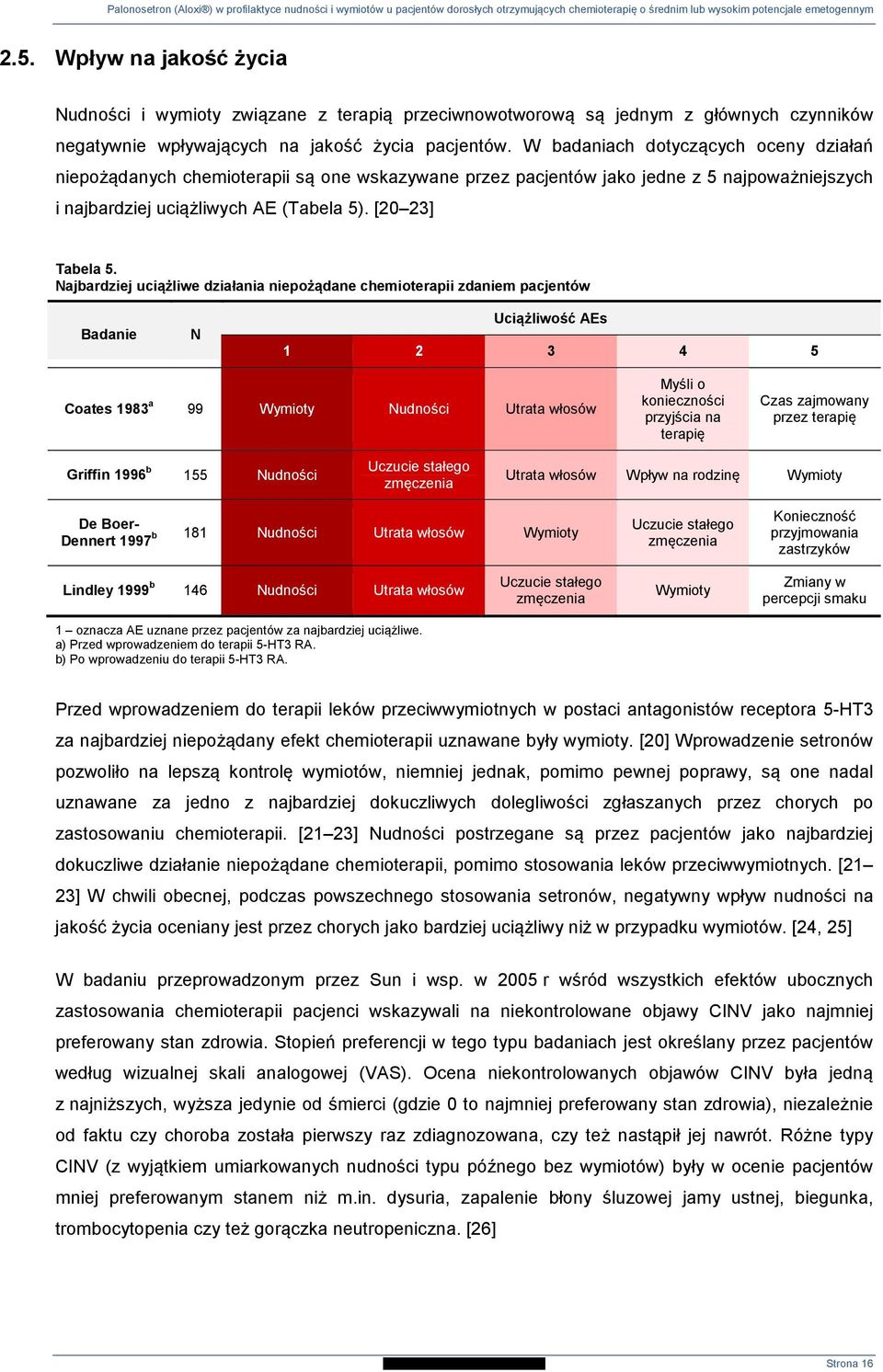 Najbardziej uciążliwe działania niepożądane chemioterapii zdaniem pacjentów Badanie N Uciążliwość AEs 1 2 3 4 5 Coates 1983 a 99 Wymioty Nudności Utrata włosów Myśli o konieczności przyjścia na