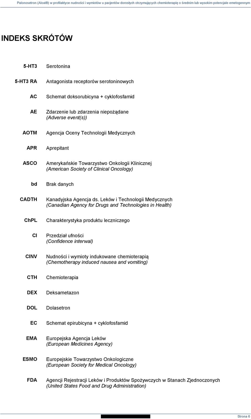 Leków i Technologii Medycznych (Canadian Agency for Drugs and Technologies in Health) ChPL Charakterystyka produktu leczniczego CI Przedział ufności (Confidence interwal) CINV Nudności i wymioty