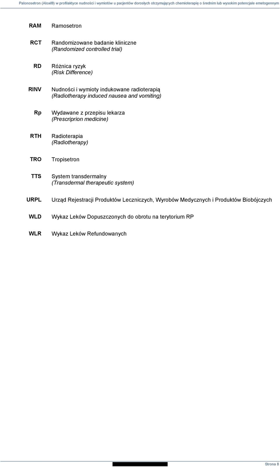Radioterapia (Radiotherapy) TRO Tropisetron TTS System transdermalny (Transdermal therapeutic system) URPL Urząd Rejestracji Produktów