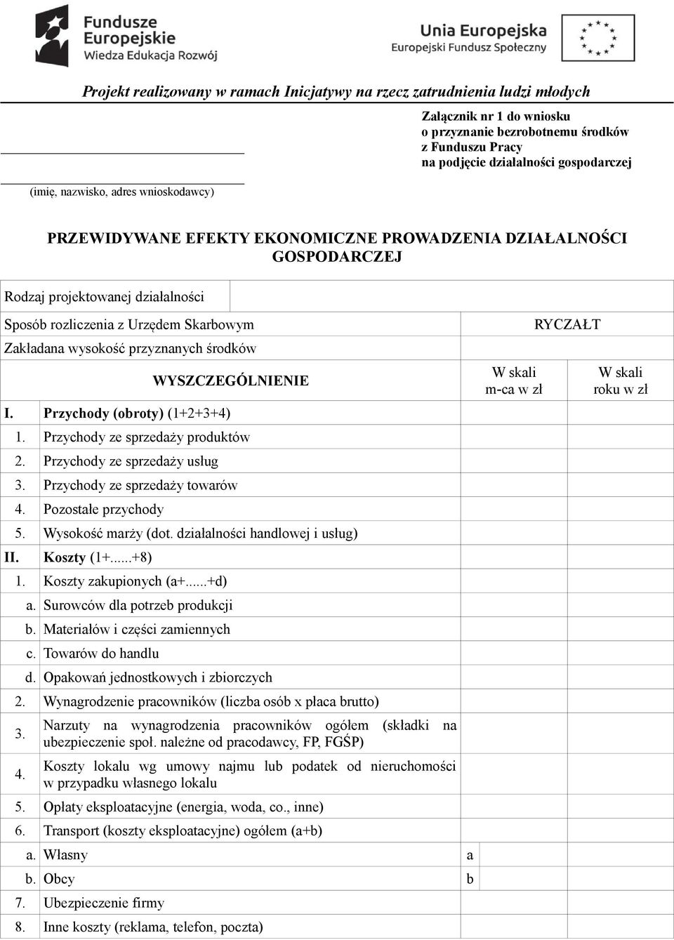 Przychody ze sprzedaży produktów 2. Przychody ze sprzedaży usług 3. Przychody ze sprzedaży towarów 4. Pozostałe przychody 5. Wysokość marży (dot. działalności handlowej i usług) II. Koszty (1+...+8) 1.