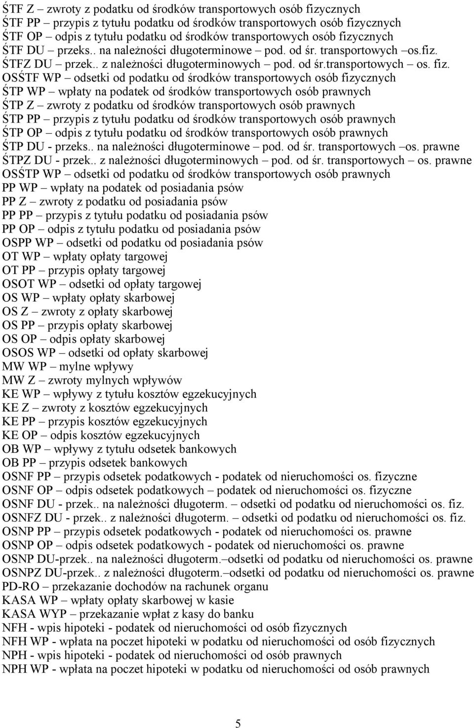 OSŚTF WP odsetki od podatku od środków transportowych osób fizycznych ŚTP WP wpłaty na podatek od środków transportowych osób prawnych ŚTP Z zwroty z podatku od środków transportowych osób prawnych
