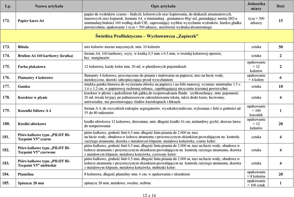 Wychowawcza Zapiecek ryza = 500 arkuszy 5 73. Bibuła mix mocno nasyconych, min. 0 0 74.